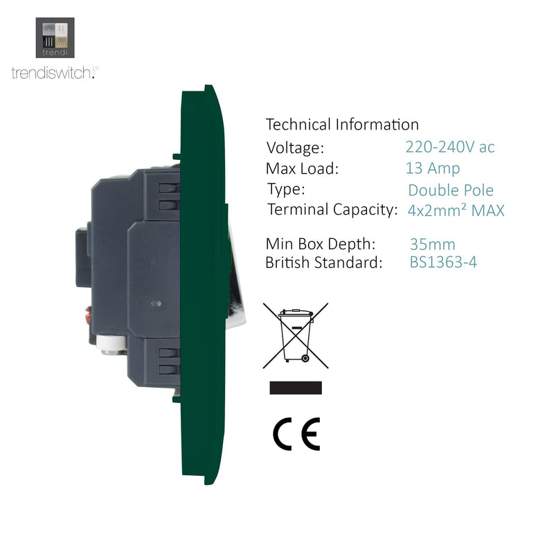 Trendi, Artistic Modern Switch Fused Spur 13A With Flex Outlet Dark Green Finish, BRITISH MADE, (35mm Back Box Required), 5yrs Warranty • ART-FSDG