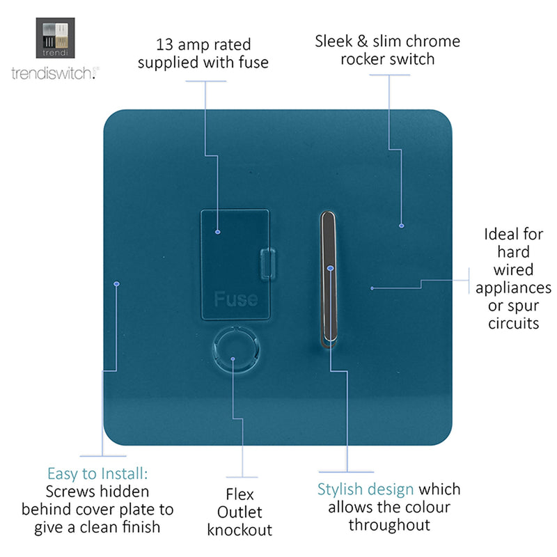 Trendi, Artistic Modern Switch Fused Spur 13A With Flex Outlet Ocean Blue Finish, BRITISH MADE, (35mm Back Box Required), 5yrs Warranty • ART-FSOB