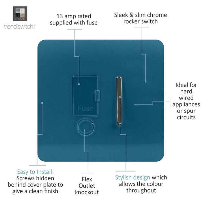 Trendi, Artistic Modern Switch Fused Spur 13A With Flex Outlet Ocean Blue Finish, BRITISH MADE, (35mm Back Box Required), 5yrs Warranty • ART-FSOB