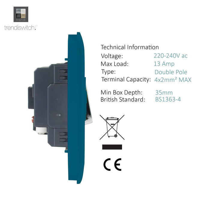 Trendi, Artistic Modern Switch Fused Spur 13A With Flex Outlet Ocean Blue Finish, BRITISH MADE, (35mm Back Box Required), 5yrs Warranty • ART-FSOB