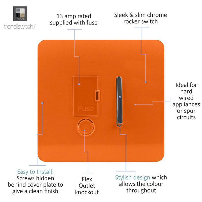 Trendi, Artistic Modern Switch Fused Spur 13A With Flex Outlet Orange Finish, BRITISH MADE, (35mm Back Box Required), 5yrs Warranty • ART-FSOR