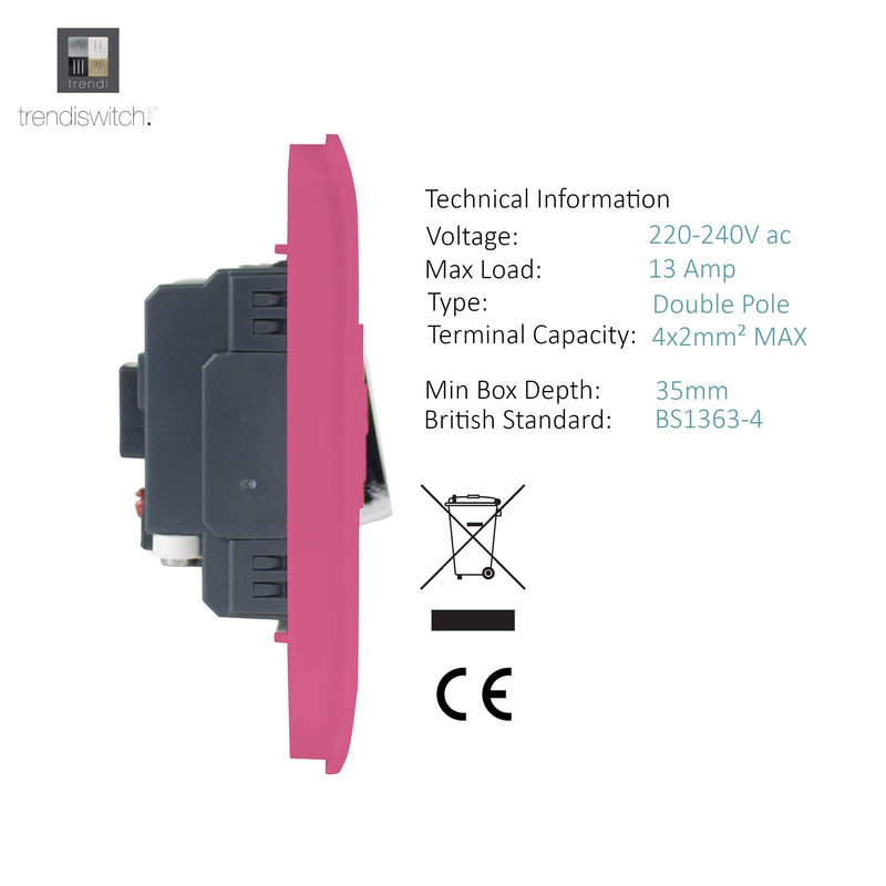 Trendi, Artistic Modern Switch Fused Spur 13A With Flex Outlet Pink Finish, BRITISH MADE, (35mm Back Box Required), 5yrs Warranty • ART-FSPK