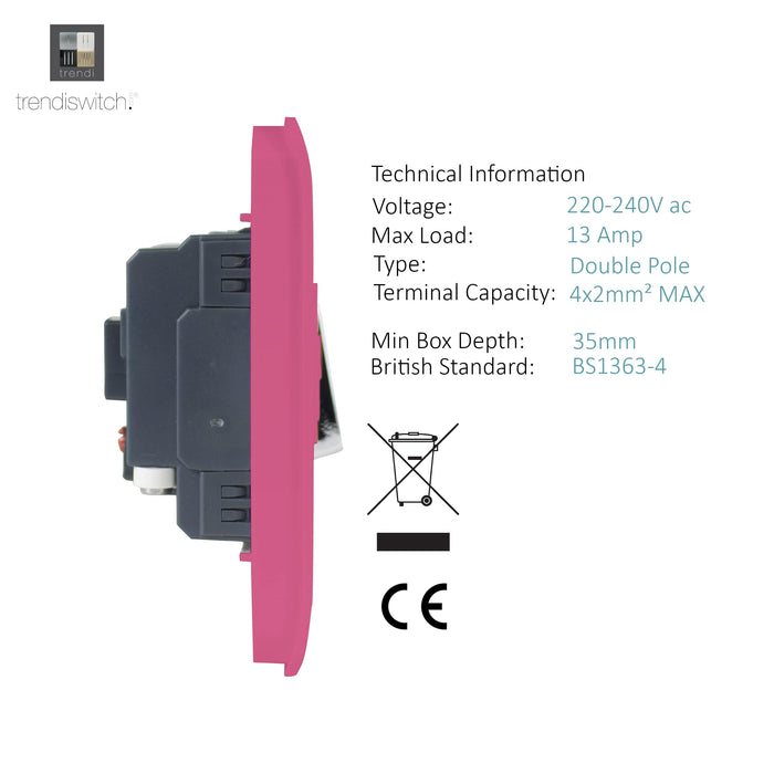 Trendi, Artistic Modern Switch Fused Spur 13A With Flex Outlet Pink Finish, BRITISH MADE, (35mm Back Box Required), 5yrs Warranty • ART-FSPK