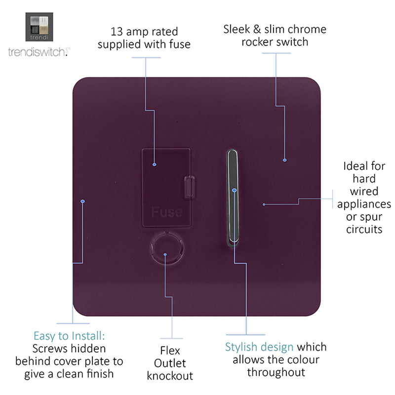 Trendi, Artistic Modern Switch Fused Spur 13A With Flex Outlet Plum Finish, BRITISH MADE, (35mm Back Box Required), 5yrs Warranty • ART-FSPL