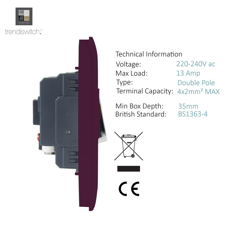 Trendi, Artistic Modern Switch Fused Spur 13A With Flex Outlet Plum Finish, BRITISH MADE, (35mm Back Box Required), 5yrs Warranty • ART-FSPL