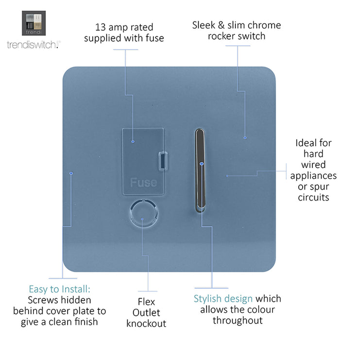 Trendi, Artistic Modern Switch Fused Spur 13A With Flex Outlet Sky Finish, BRITISH MADE, (35mm Back Box Required), 5yrs Warranty • ART-FSSK