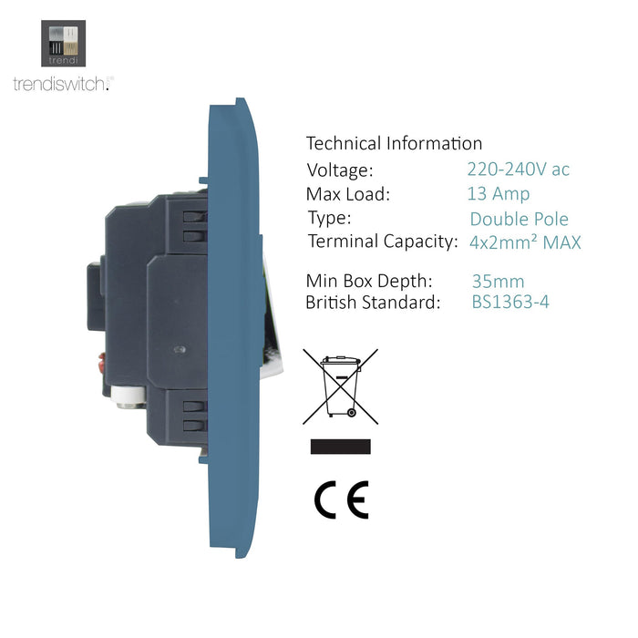 Trendi, Artistic Modern Switch Fused Spur 13A With Flex Outlet Sky Finish, BRITISH MADE, (35mm Back Box Required), 5yrs Warranty • ART-FSSK