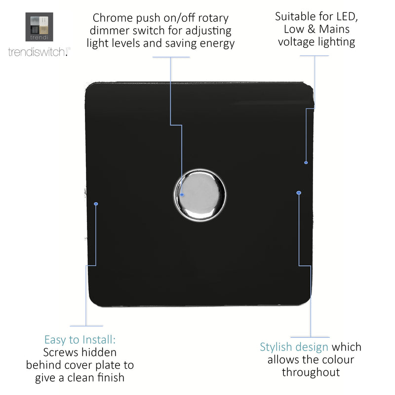 Trendi, Artistic Modern 1 Gang 1 Way LED Dimmer Switch 5-150W LED / 120W Tungsten, Gloss Black/Chrome Finish, (35mm Back Box Required), 5yrs Warranty • ART-LDMBK