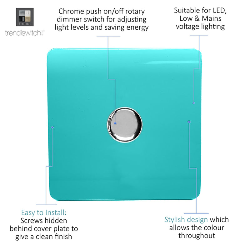Trendi, Artistic Modern 1 Gang 1 Way LED Dimmer Switch 5-150W LED / 120W Tungsten, Bright Teal Finish, (35mm Back Box Required), 5yrs Warranty • ART-LDMBT