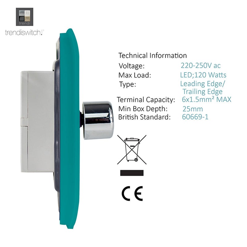 Trendi, Artistic Modern 1 Gang 1 Way LED Dimmer Switch 5-150W LED / 120W Tungsten, Bright Teal Finish, (35mm Back Box Required), 5yrs Warranty • ART-LDMBT