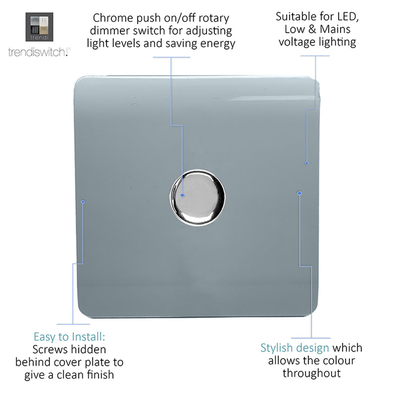 Trendi, Artistic Modern 1 Gang 1 Way LED Dimmer Switch 5-150W LED / 120W Tungsten, Cool Grey Finish, (35mm Back Box Required), 5yrs Warranty • ART-LDMCG