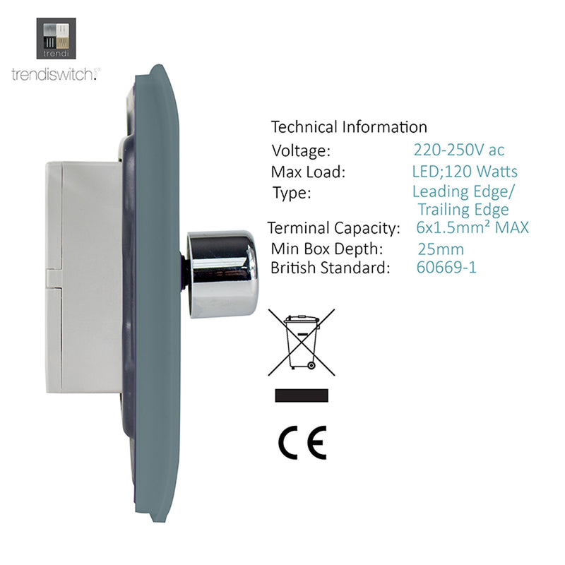 Trendi, Artistic Modern 1 Gang 1 Way LED Dimmer Switch 5-150W LED / 120W Tungsten, Cool Grey Finish, (35mm Back Box Required), 5yrs Warranty • ART-LDMCG