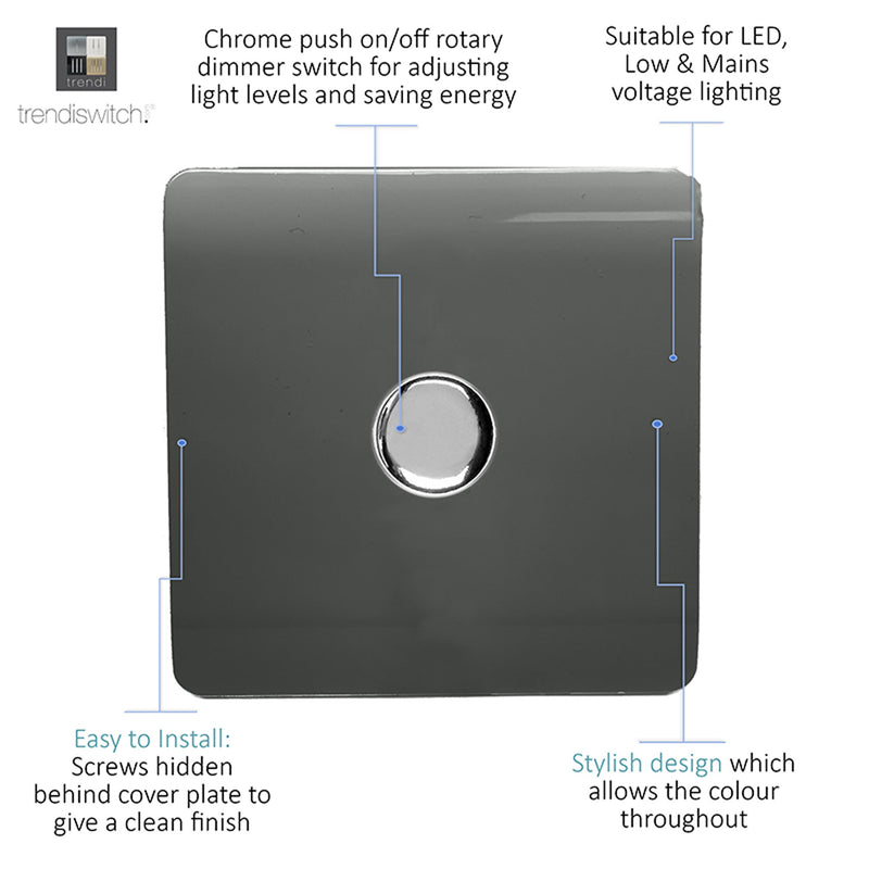 Trendi, Artistic Modern 1 Gang 1 Way LED Dimmer Switch 5-150W LED / 120W Tungsten, Charcoal Finish, (35mm Back Box Required), 5yrs Warranty • ART-LDMCH