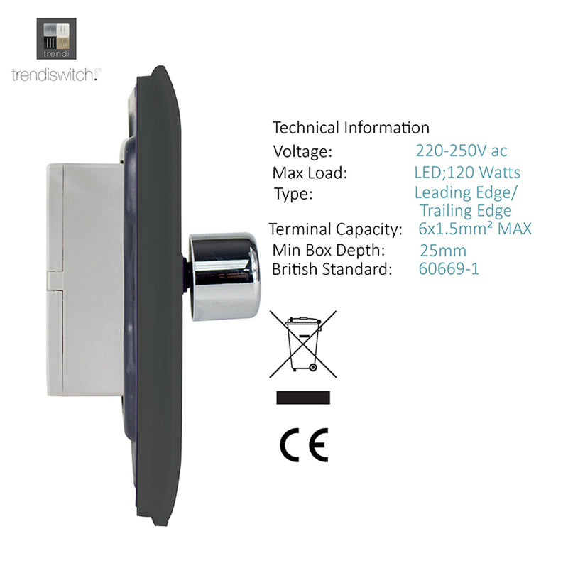 Trendi, Artistic Modern 1 Gang 1 Way LED Dimmer Switch 5-150W LED / 120W Tungsten, Charcoal Finish, (35mm Back Box Required), 5yrs Warranty • ART-LDMCH
