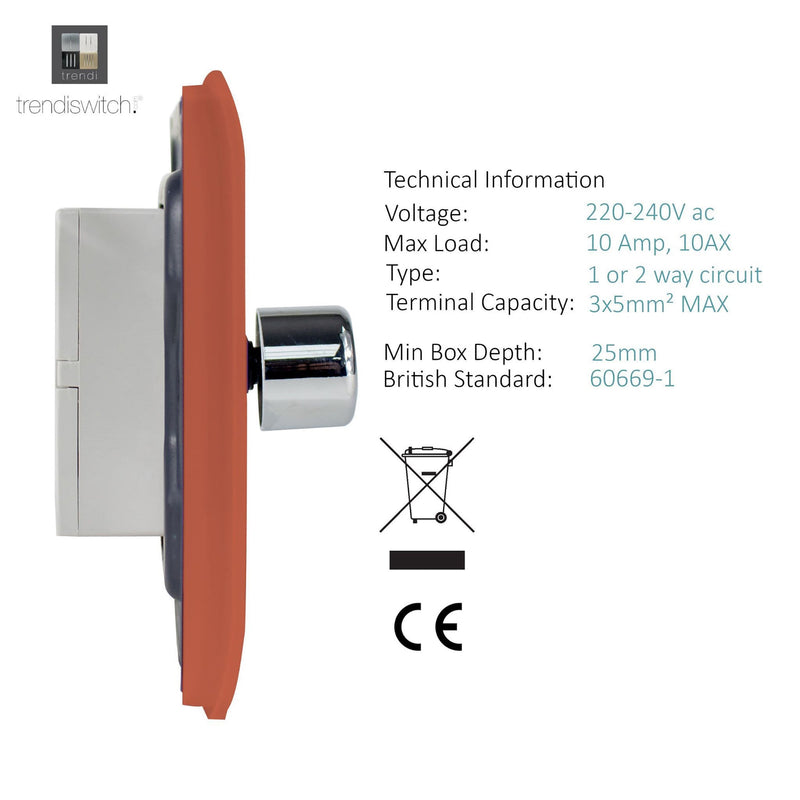 Trendi, Artistic Modern 1 Gang 1 Way LED Dimmer Switch 5-150W LED / 120W Tungsten, Copper/Chrome Finish, (35mm Back Box Required), 5yrs Warranty • ART-LDMCPR