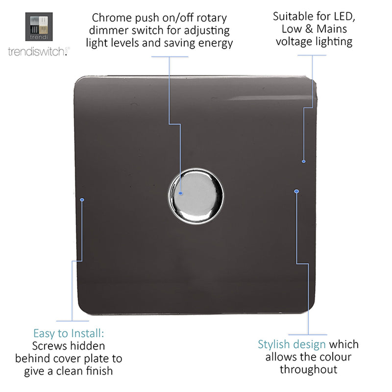 Trendi, Artistic Modern 1 Gang 1 Way LED Dimmer Switch 5-150W LED / 120W Tungsten, Dark Brown Finish, (35mm Back Box Required), 5yrs Warranty • ART-LDMDB