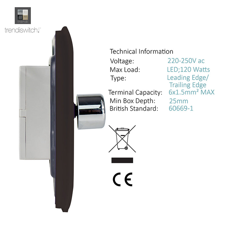 Trendi, Artistic Modern 1 Gang 1 Way LED Dimmer Switch 5-150W LED / 120W Tungsten, Dark Brown Finish, (35mm Back Box Required), 5yrs Warranty • ART-LDMDB