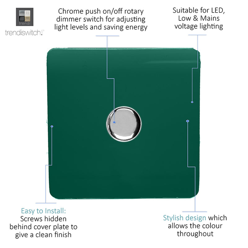 Trendi, Artistic Modern 1 Gang 1 Way LED Dimmer Switch 5-150W LED / 120W Tungsten, Dark Green Finish, (35mm Back Box Required), 5yrs Warranty • ART-LDMDG