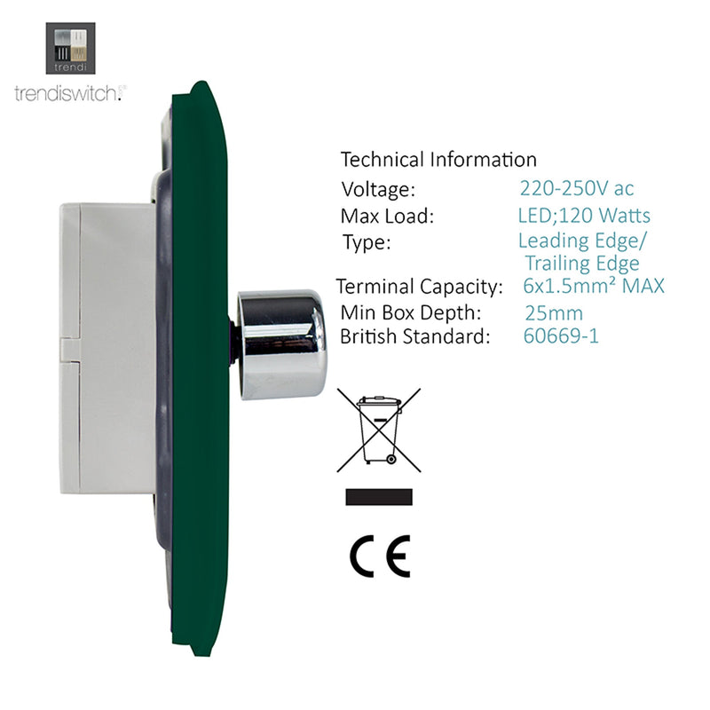 Trendi, Artistic Modern 1 Gang 1 Way LED Dimmer Switch 5-150W LED / 120W Tungsten, Dark Green Finish, (35mm Back Box Required), 5yrs Warranty • ART-LDMDG
