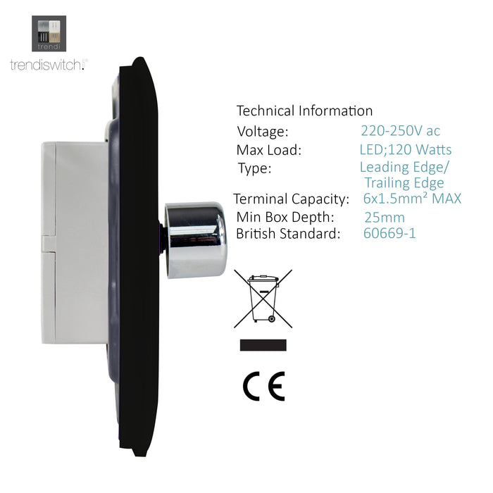 Trendi, Artistic Modern 1 Gang 1 Way LED Dimmer Switch 5-150W LED / 120W Tungsten, Matt Black/Chrome Finish, (35mm Back Box Required), 5yrs Warranty • ART-LDMMBK