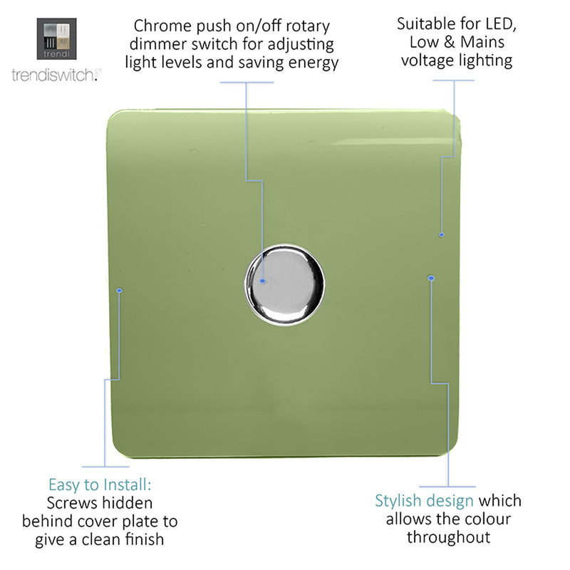 Trendi, Artistic Modern 1 Gang 1 Way LED Dimmer Switch 5-150W LED / 120W Tungsten, Moss Green Finish, (35mm Back Box Required), 5yrs Warranty • ART-LDMMG