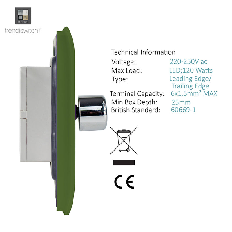 Trendi, Artistic Modern 1 Gang 1 Way LED Dimmer Switch 5-150W LED / 120W Tungsten, Moss Green Finish, (35mm Back Box Required), 5yrs Warranty • ART-LDMMG