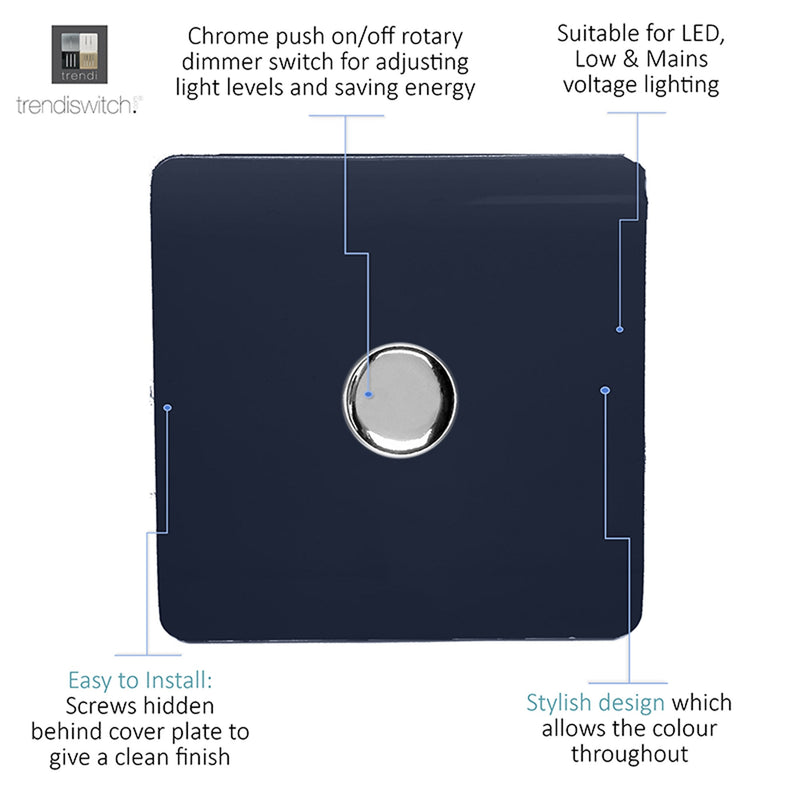 Trendi, Artistic Modern 1 Gang 1 Way LED Dimmer Switch, 5-150W Load Navy Blue/Chrome Finish, (35mm Back Box Required), 5yrs Warranty • ART-LDMNV