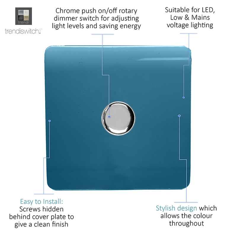 Trendi, Artistic Modern 1 Gang 1 Way LED Dimmer Switch 5-150W LED / 120W Tungsten, Ocean Blue Finish, (35mm Back Box Required), 5yrs Warranty • ART-LDMOB
