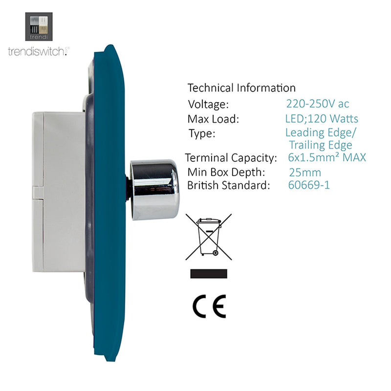 Trendi, Artistic Modern 1 Gang 1 Way LED Dimmer Switch 5-150W LED / 120W Tungsten, Ocean Blue Finish, (35mm Back Box Required), 5yrs Warranty • ART-LDMOB