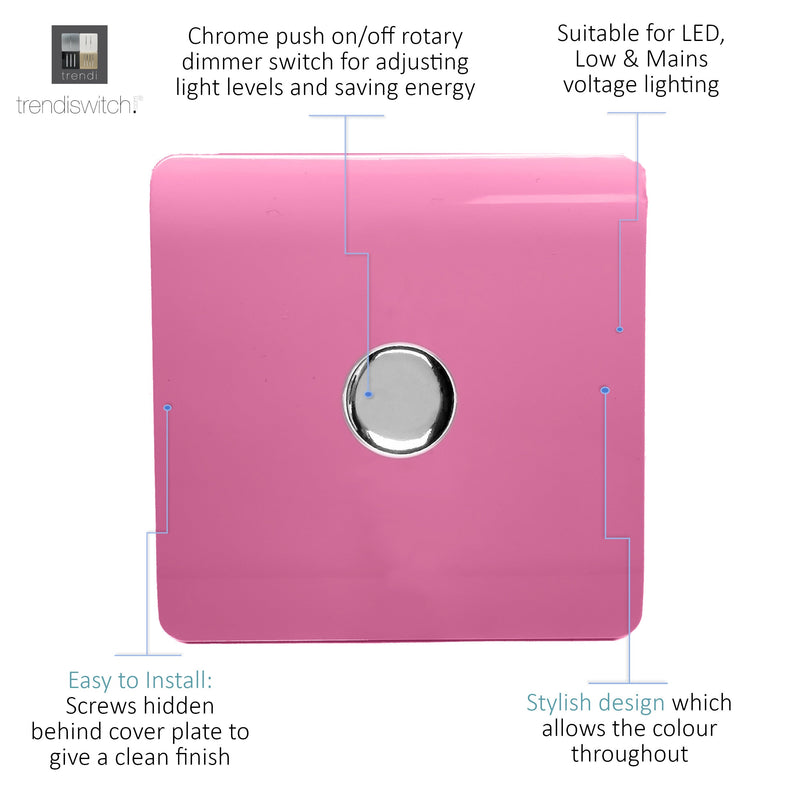 Trendi, Artistic Modern 1 Gang 1 Way LED Dimmer Switch 5-150W LED / 120W Tungsten, Pink Finish, (35mm Back Box Required), 5yrs Warranty • ART-LDMPK