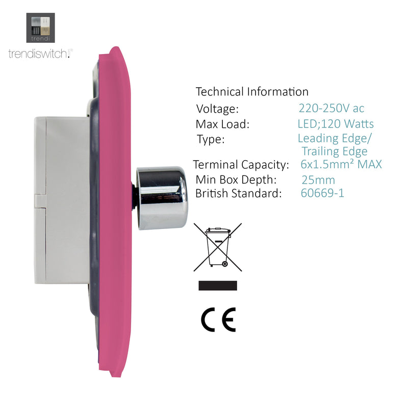 Trendi, Artistic Modern 1 Gang 1 Way LED Dimmer Switch 5-150W LED / 120W Tungsten, Pink Finish, (35mm Back Box Required), 5yrs Warranty • ART-LDMPK