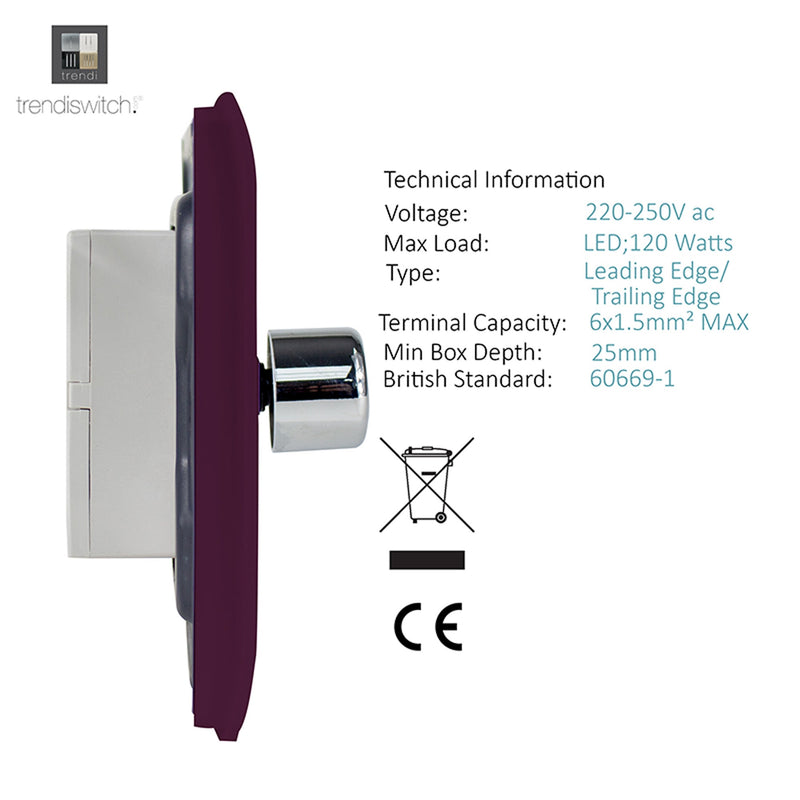 Trendi, Artistic Modern 1 Gang 1 Way LED Dimmer Switch 5-150W LED / 120W Tungsten, Plum Finish, (35mm Back Box Required), 5yrs Warranty • ART-LDMPL
