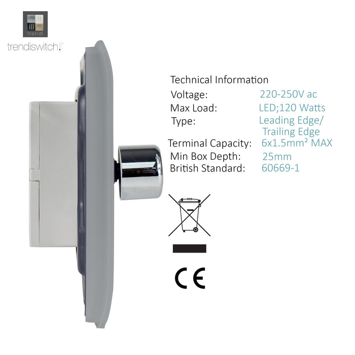 Trendi, Artistic Modern 1 Gang 1 Way LED Dimmer Switch 5-150W LED / 120W Tungsten, Silver/Chrome Finish, (35mm Back Box Required), 5yrs Warranty • ART-LDMSI