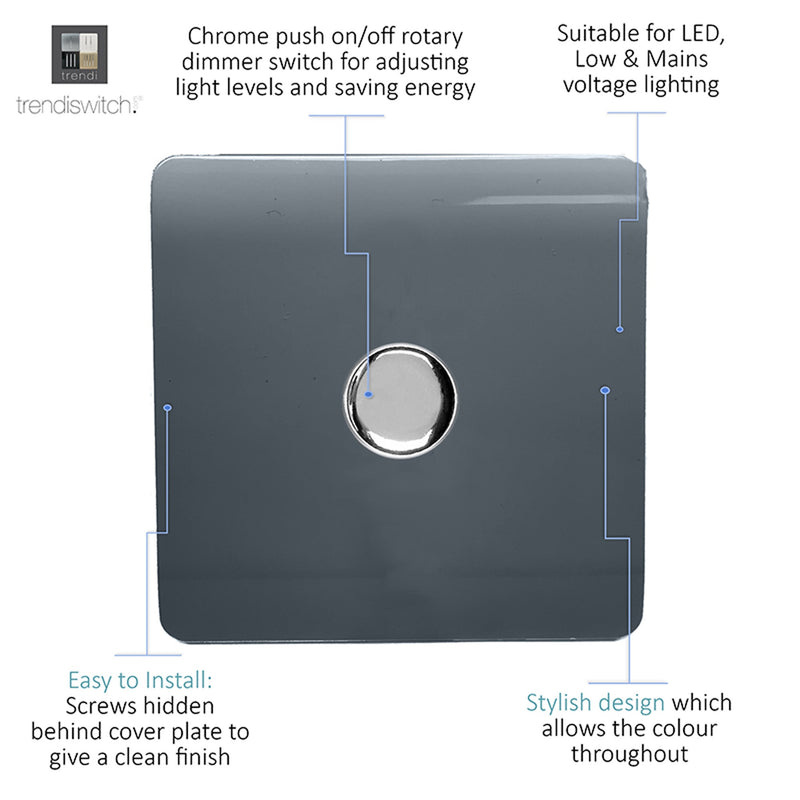 Trendi, Artistic Modern 1 Gang 1 Way LED Dimmer Switch 5-150W LED / 120W Tungsten, Warm Grey Finish, (35mm Back Box Required), 5yrs Warranty • ART-LDMWG