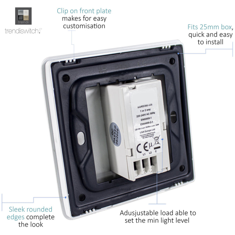 Trendi, Artistic Modern 1 Gang 1 Way LED Dimmer Switch 5-150W LED / 120W Tungsten, Gloss Black/Chrome Finish, (35mm Back Box Required), 5yrs Warranty • ART-LDMBK