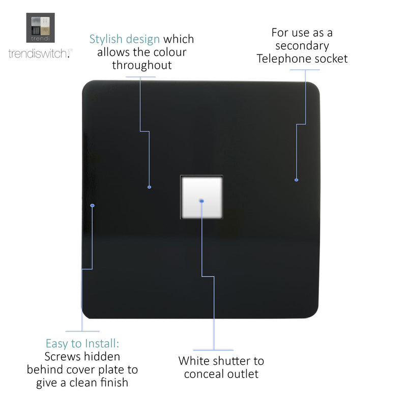 Trendi, Artistic Modern Single PC Ethernet Cat 5 & 6 Data Outlet Gloss Black Finish, BRITISH MADE, (35mm Back Box Required), 5yrs Warranty • ART-PCBK