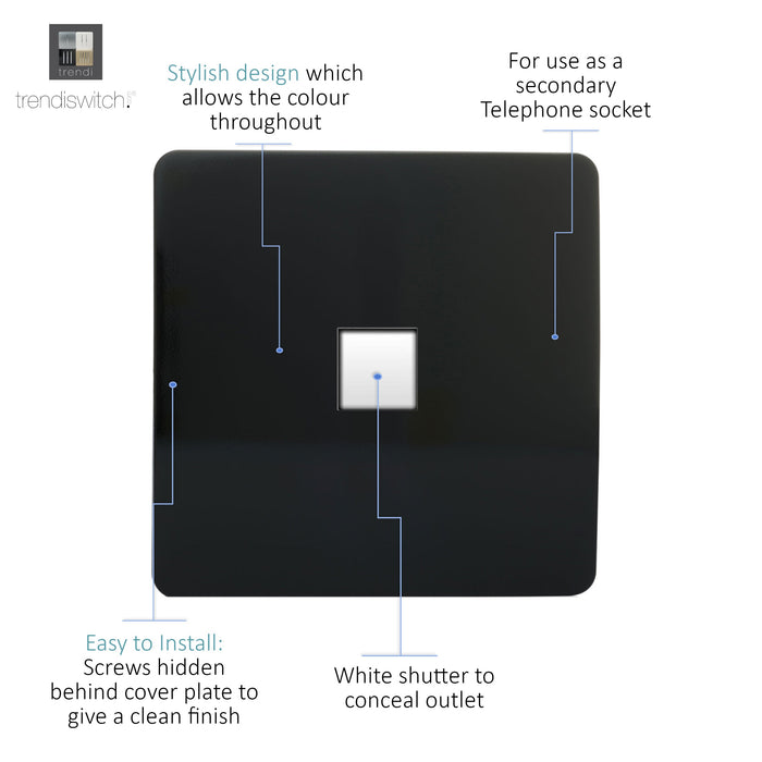 Trendi, Artistic Modern Single PC Ethernet Cat 5 & 6 Data Outlet Gloss Black Finish, BRITISH MADE, (35mm Back Box Required), 5yrs Warranty • ART-PCBK