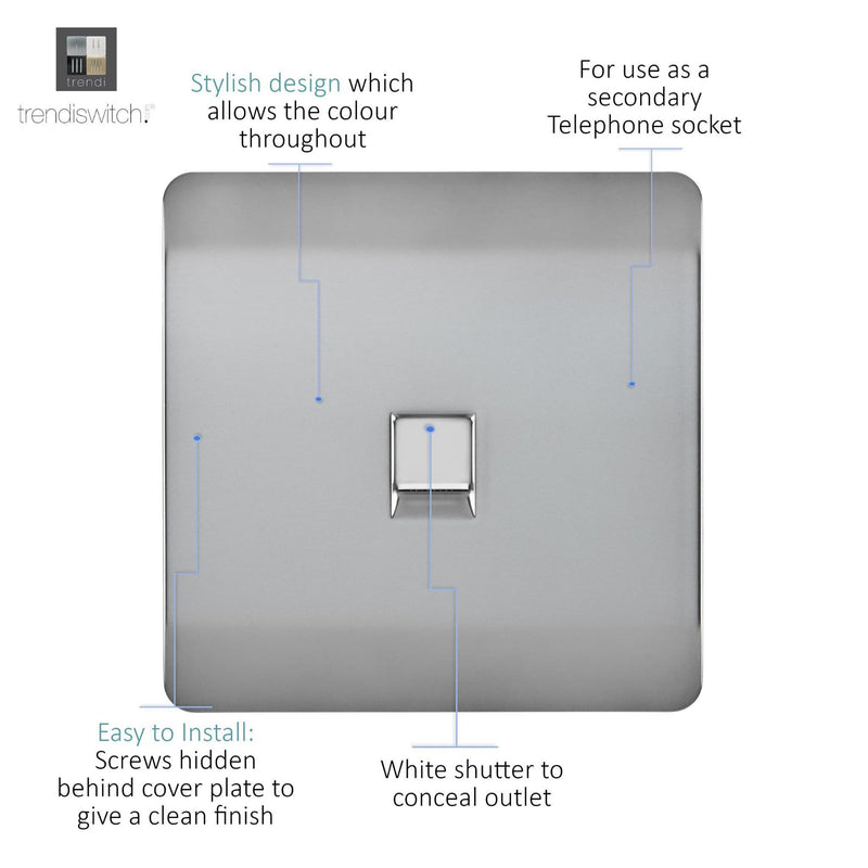 Trendi, Artistic Modern Single PC Ethernet Cat 5 & 6 Data Outlet Brushed Steel Finish, BRITISH MADE, (35mm Back Box Required), 5yrs Warranty • ART-PCBS