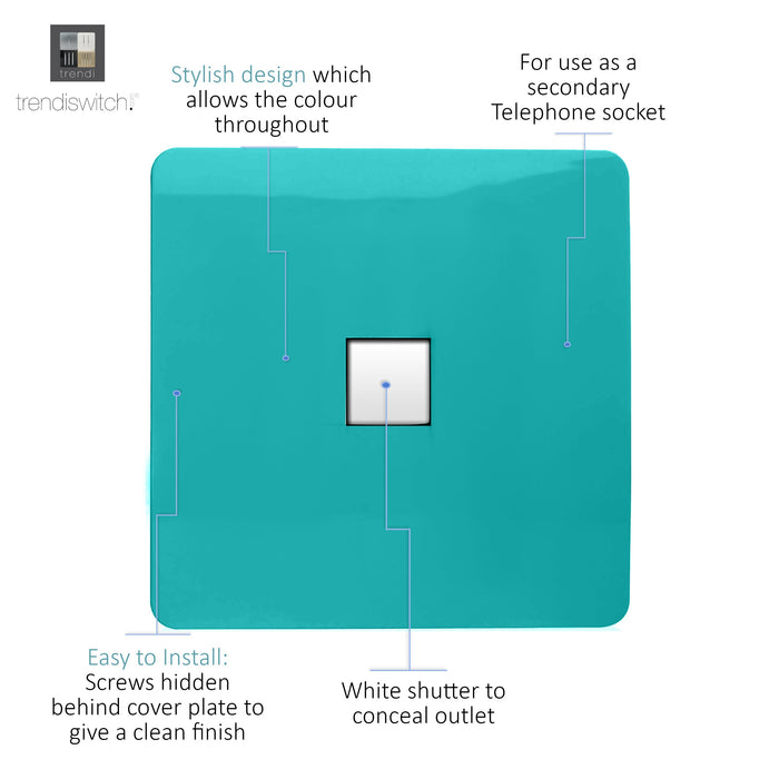 Trendi, Artistic Modern 1 Gang RJ11 Telephone Bright Teal Finish, BRITISH MADE, (35mm Back Box Required), 5yrs Warranty • ART-TLPBT