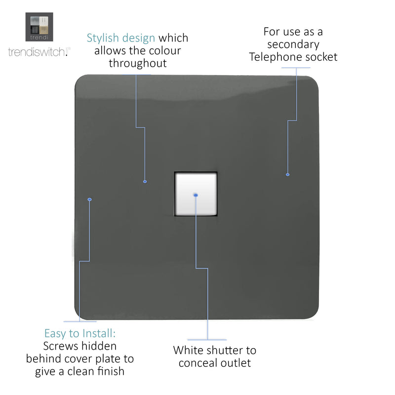 Trendi, Artistic Modern Single PC Ethernet Cat 5 & 6 Data Outlet Charcoal Finish, BRITISH MADE, (35mm Back Box Required), 5yrs Warranty • ART-PCCH