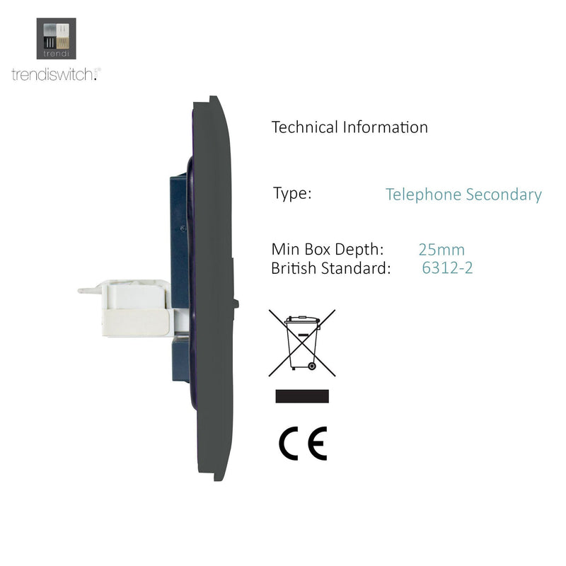 Trendi, Artistic Modern 1 Gang RJ11 Telephone Charcoal Finish, BRITISH MADE, (35mm Back Box Required), 5yrs Warranty • ART-TLPCH