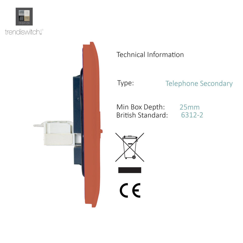 Trendi, Artistic Modern 1 Gang RJ11 Telephone Copper Finish, BRITISH MADE, (35mm Back Box Required), 5yrs Warranty • ART-TLPCPR