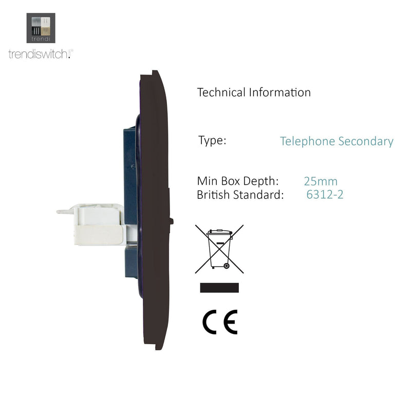 Trendi, Artistic Modern 1 Gang RJ11 Telephone Dark Brown Finish, BRITISH MADE, (35mm Back Box Required), 5yrs Warranty • ART-TLPDB