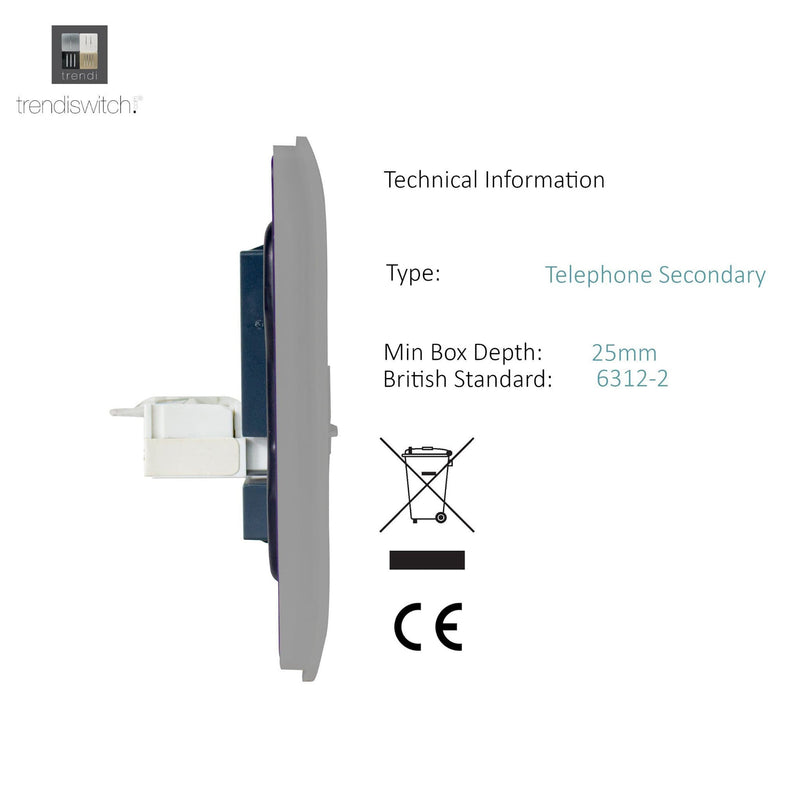Trendi, Artistic Modern 1 Gang RJ11 Telephone Light Grey Finish, BRITISH MADE, (35mm Back Box Required), 5yrs Warranty • ART-TLPLG