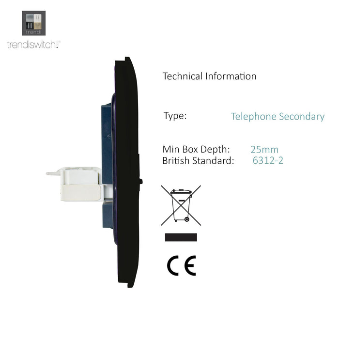 Trendi, Artistic Modern 1 Gang RJ11 Telephone Matt Black Finish, BRITISH MADE, (35mm Back Box Required), 5yrs Warranty • ART-TLPMBK