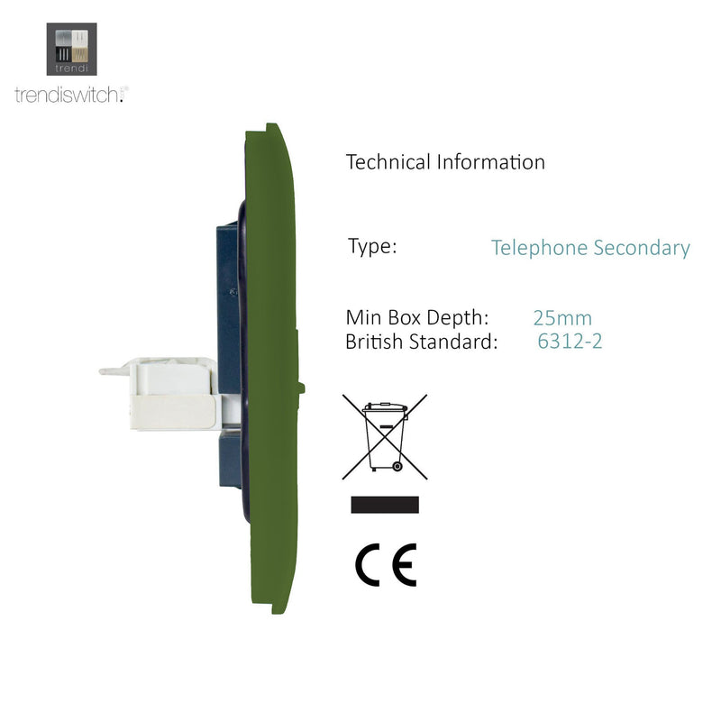 Trendi, Artistic Modern 1 Gang RJ11 Telephone Moss Green Finish, BRITISH MADE, (35mm Back Box Required), 5yrs Warranty • ART-TLPMG