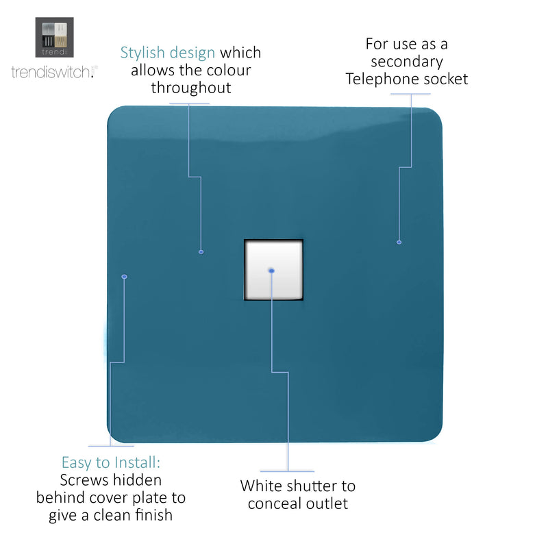 Trendi, Artistic Modern 1 Gang RJ11 Telephone Ocean Blue Finish, BRITISH MADE, (35mm Back Box Required), 5yrs Warranty • ART-TLPOB