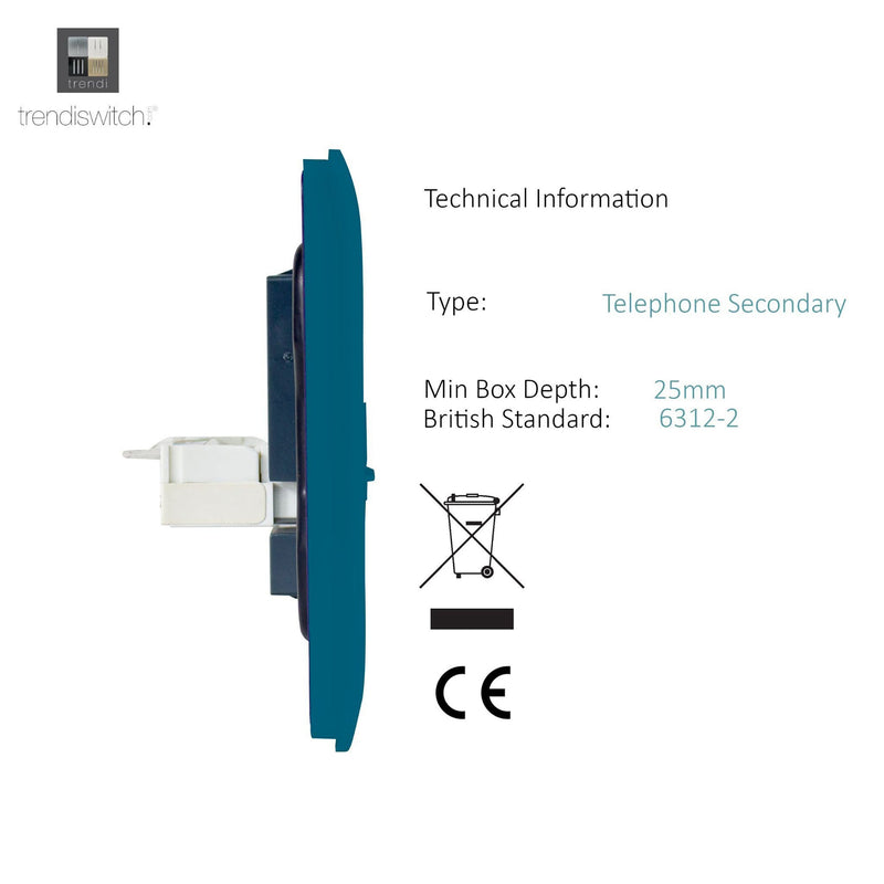 Trendi, Artistic Modern 1 Gang RJ11 Telephone Ocean Blue Finish, BRITISH MADE, (35mm Back Box Required), 5yrs Warranty • ART-TLPOB