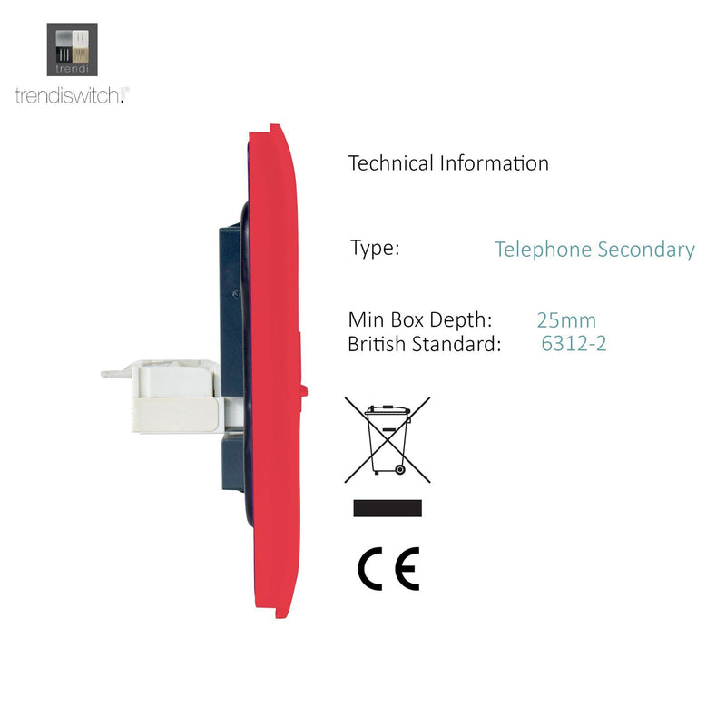 Trendi, Artistic Modern 1 Gang RJ11 Telephone Strawberry Finish, BRITISH MADE, (35mm Back Box Required), 5yrs Warranty • ART-TLPSB