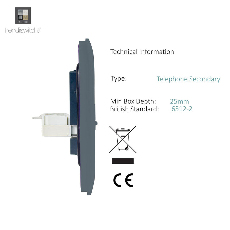 Trendi, Artistic Modern 1 Gang RJ11 Telephone Warm Grey Finish, BRITISH MADE, (35mm Back Box Required), 5yrs Warranty • ART-TLPWG